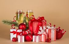 Gift Boxes, Christmas Toys, Serpentine And Wine Stock Image Gift Boxes, Christmas Toys, Serpentine And Wine Stock Image