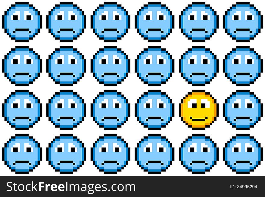 8-bit Pixel Art Sad Faces And One Happy Face