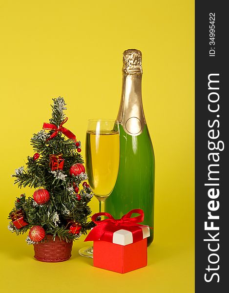 Champagne, Small Fir-tree In A Pot With Toys And