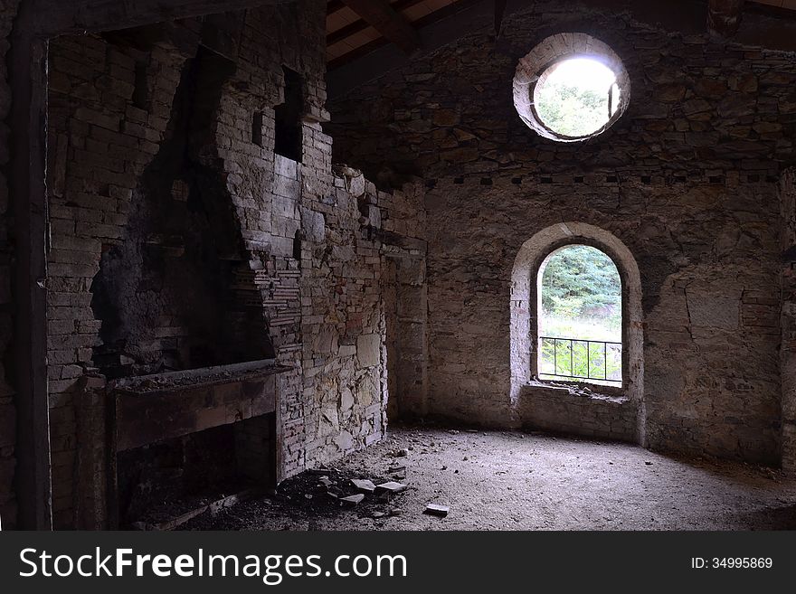 Dining room in ruins with fireside. Dining room in ruins with fireside