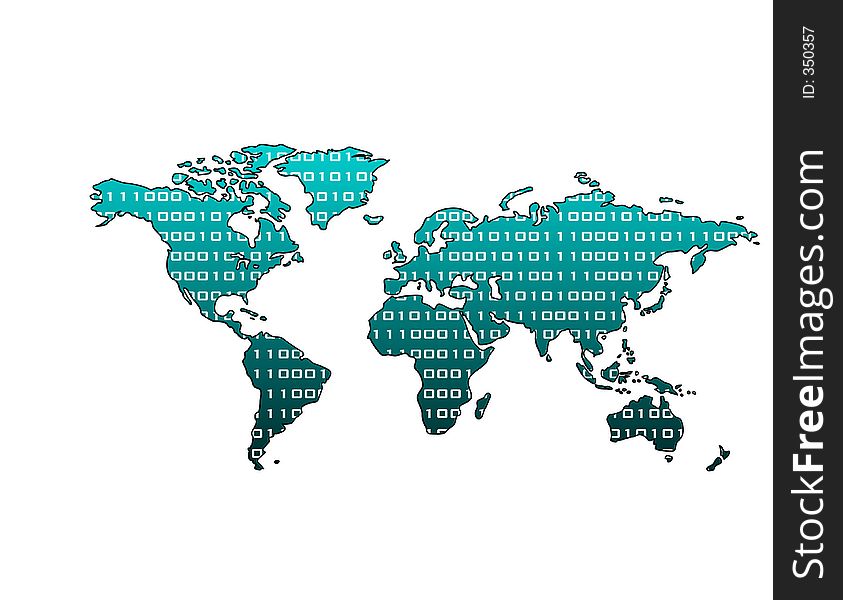 Blue mettalic world map with binary pattern. Blue mettalic world map with binary pattern