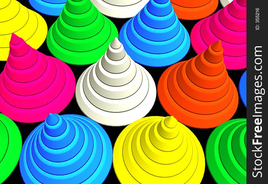 3D - Colorful stage cones on black. 3D - Colorful stage cones on black