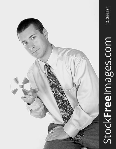 Black and white of guy with cd in hand. Black and white of guy with cd in hand