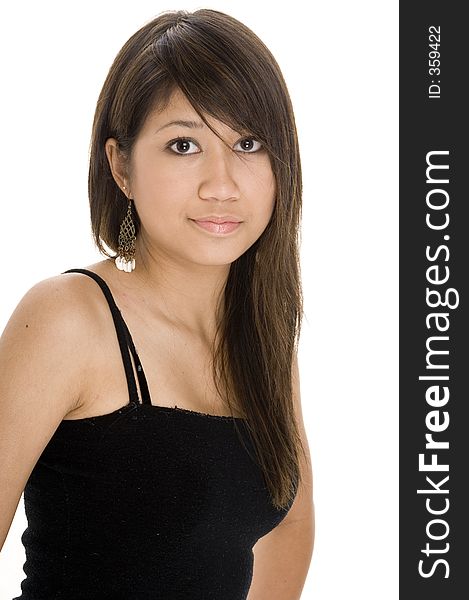 A cute young woman in a black top on a white background. A cute young woman in a black top on a white background