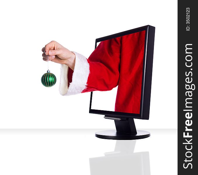 Santa clause with a ball coming out of a monitor. Santa clause with a ball coming out of a monitor