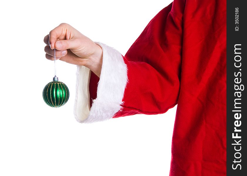 Santa clause giving a xma green ball ornament. Santa clause giving a xma green ball ornament