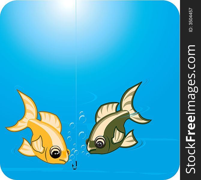 Illustration of two fishes looking at hook in sea water.