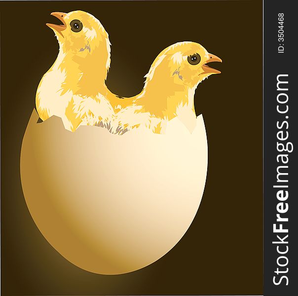 Illustration of two chickens comes from an egg.