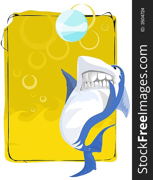 A blue and white shark who play with a white ball on a yellow background.