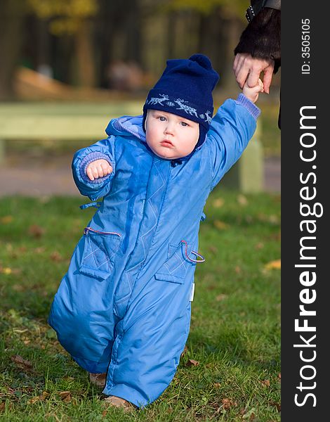 Little child going for a hand on a green grass. Little child going for a hand on a green grass