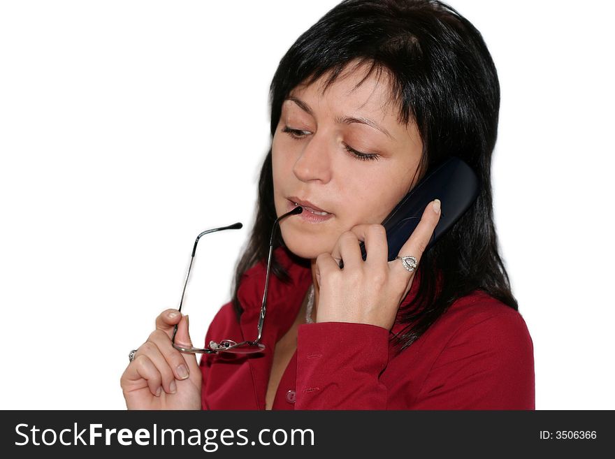 Businesswoman working, holding a cellphone. Businesswoman working, holding a cellphone