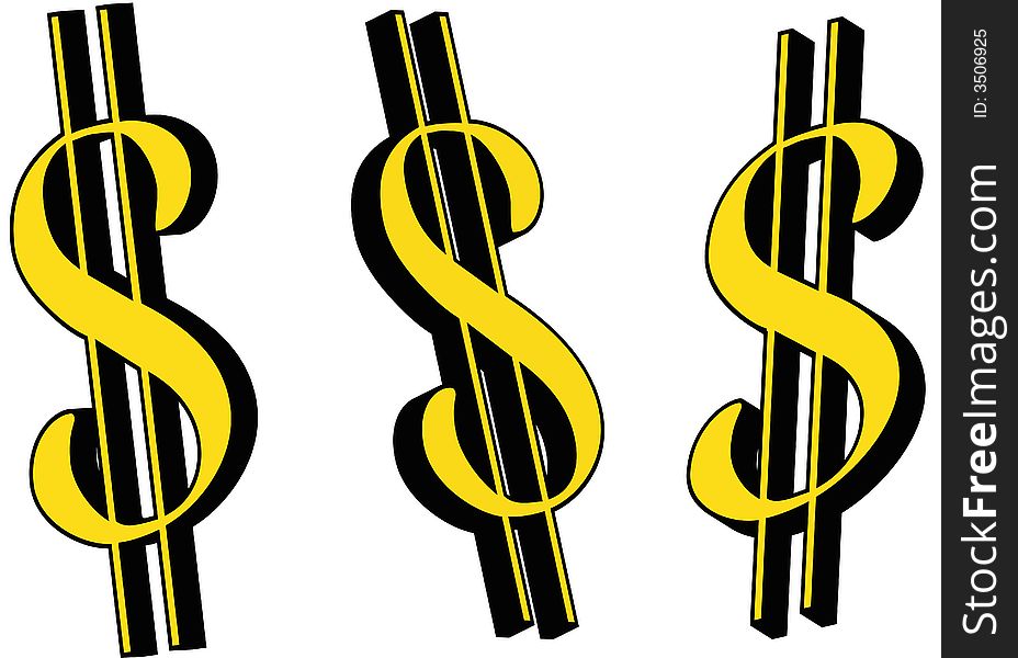 Dollar sign in 3d-optik and three different points of view. Available as Illustrator-file
