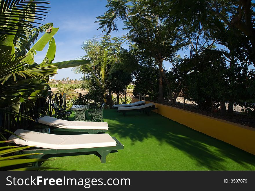 Chaise longues in tropical garden under blue sky. Chaise longues in tropical garden under blue sky