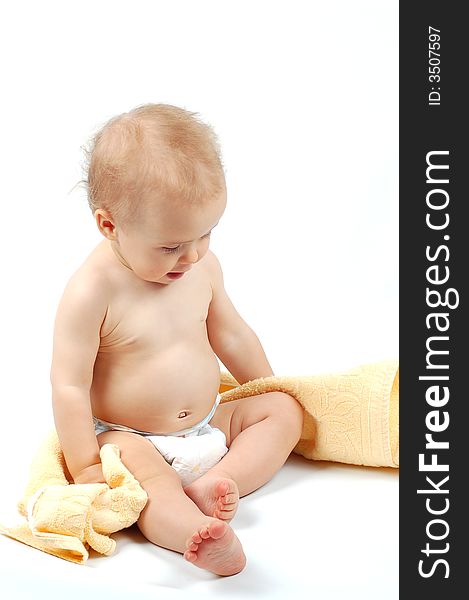 Photo of  happy baby with towel. Photo of  happy baby with towel