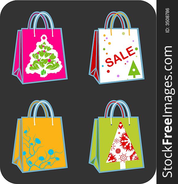 Four vector shopping bags illustration with Christmas tree, swirl ornaments and sale sign. Four vector shopping bags illustration with Christmas tree, swirl ornaments and sale sign