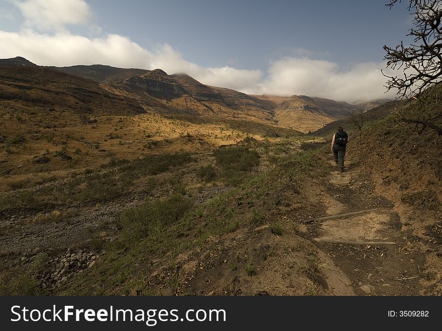 Hiking up to the amphitheatre in the kwa zulu natal national park in southafrica. Hiking up to the amphitheatre in the kwa zulu natal national park in southafrica