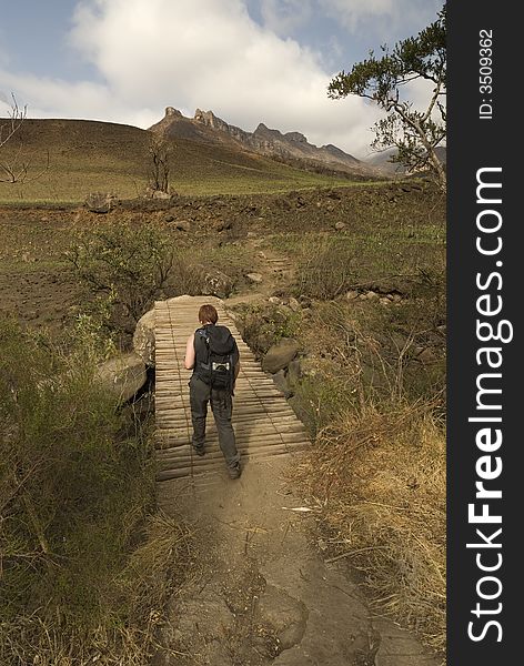 Hiking up to the amphitheatre in the kwa zulu natal national park in southafrica. Hiking up to the amphitheatre in the kwa zulu natal national park in southafrica