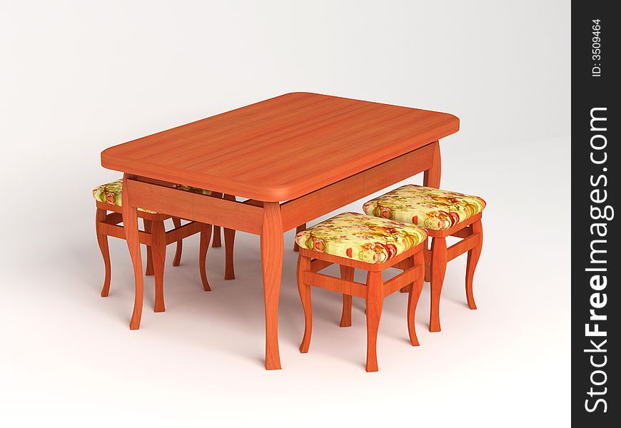 Three-dimensional model of a table with stools on a white background