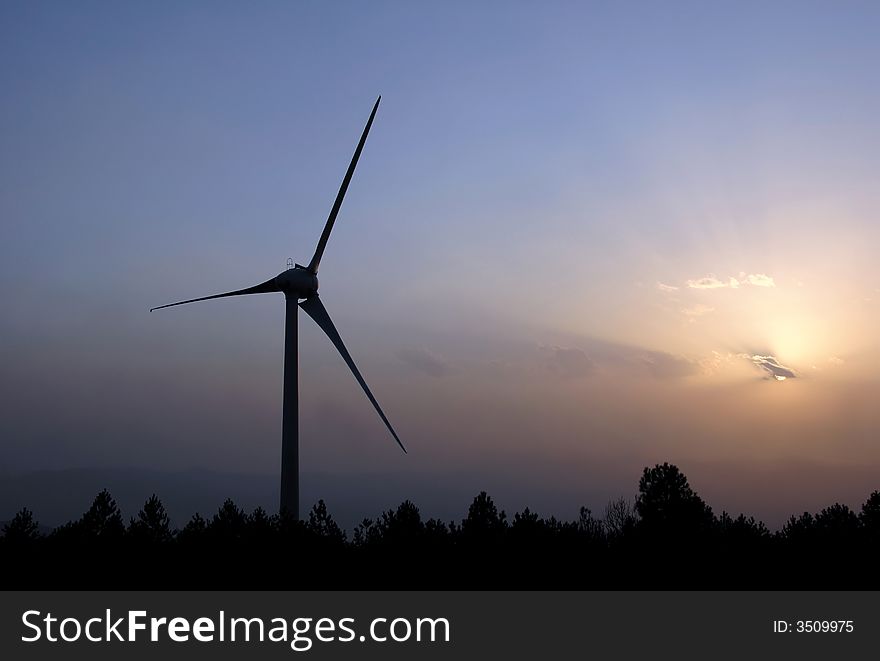 Wind turbine farm at sunset, silhouette