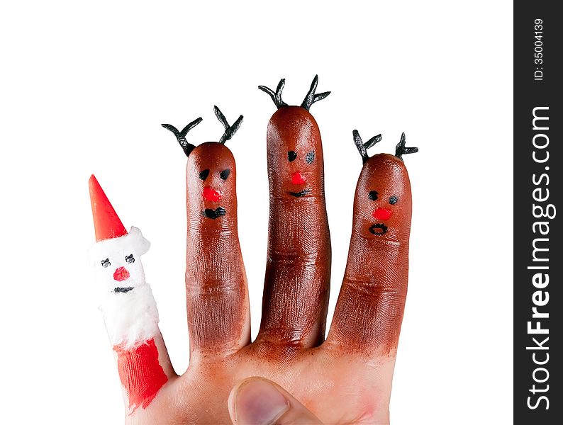 Three Funny Reindeer And Santa  Painted On The Fingers