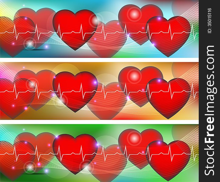 Abstract colorful human heart and cardiogram banners. Abstract colorful human heart and cardiogram banners.