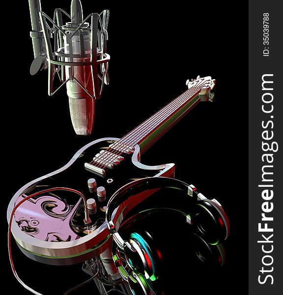 Studio microphone above an electric guitare and headphones resting on it. Studio microphone above an electric guitare and headphones resting on it.