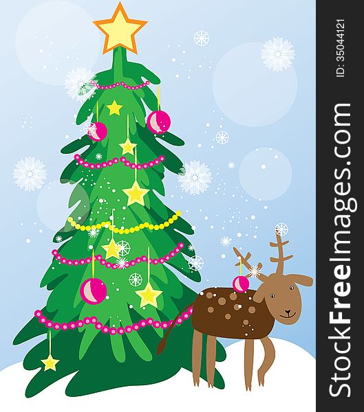 Vector graphic image with funny deer staying near the christmas tree. Vector graphic image with funny deer staying near the christmas tree