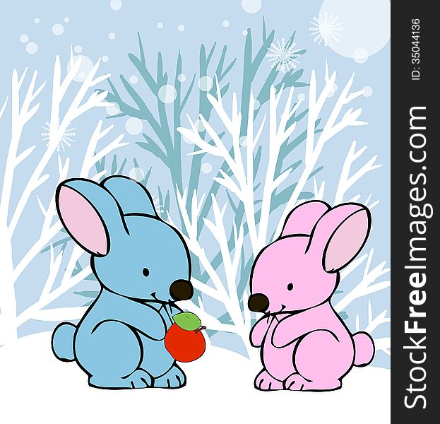 Vector graphic image with funny rabbits walking in winter park. Vector graphic image with funny rabbits walking in winter park