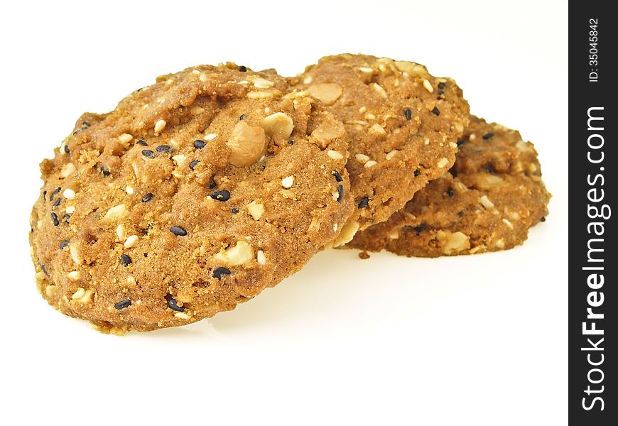 Sequence pile of three whole grains cookies on white background. Sequence pile of three whole grains cookies on white background