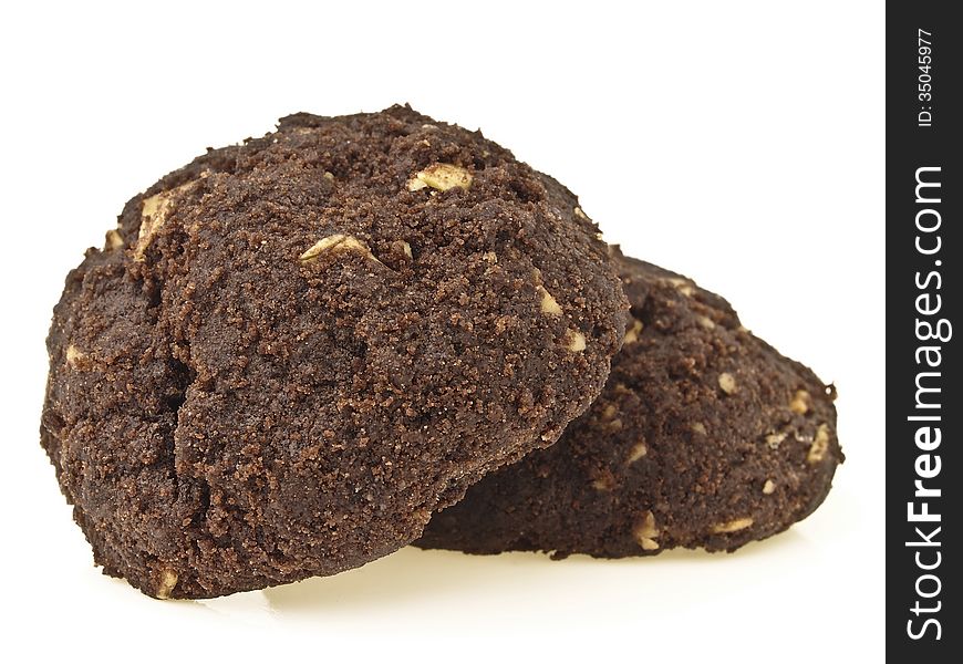 Pair of two delicious brownie cookies pile on white background. Pair of two delicious brownie cookies pile on white background