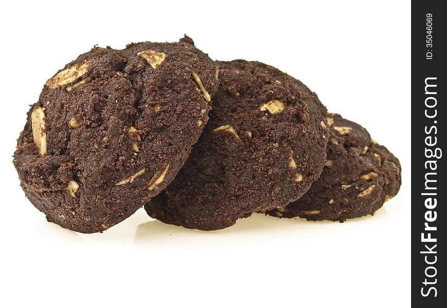 Sequence pile of three brownie cookies on white background. Sequence pile of three brownie cookies on white background