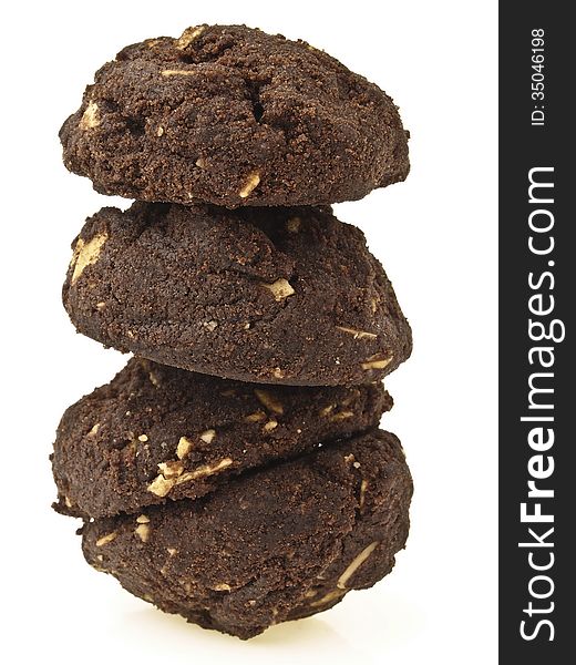 Mix shape tower stack of brownie cookies on white background. Mix shape tower stack of brownie cookies on white background