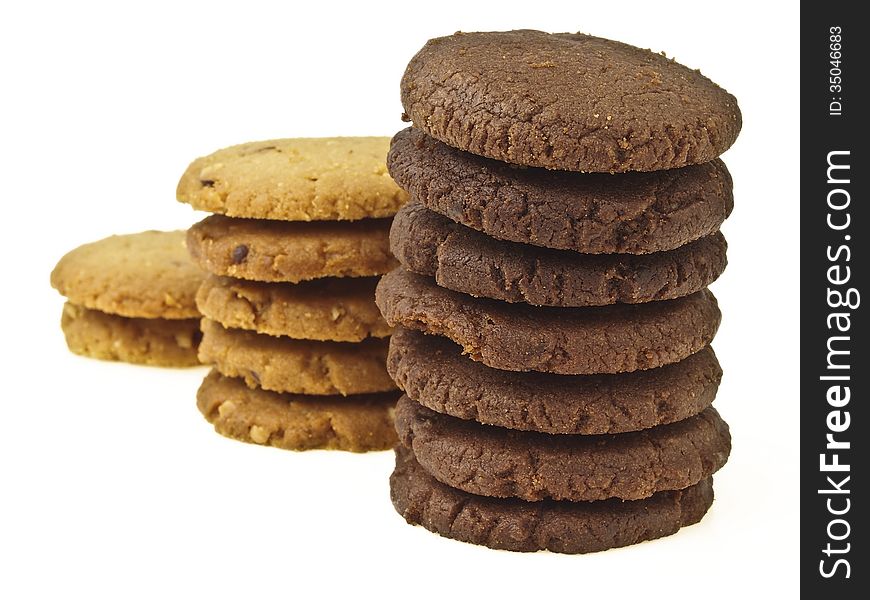 Perspective of three step stack of mix cookie on white background. Perspective of three step stack of mix cookie on white background