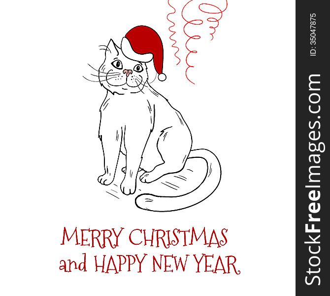 Christmas postcard design with santa cat vector