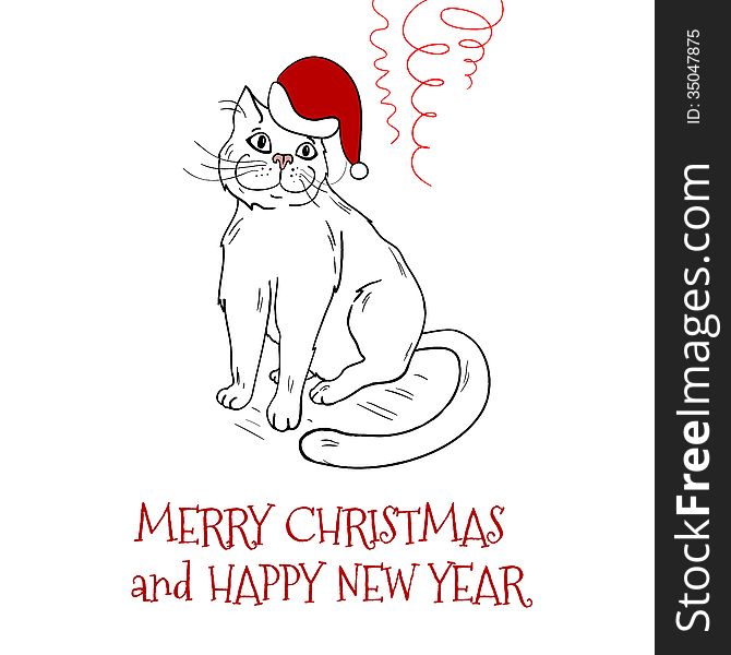 Christmas Postcard Design With Santa Cat