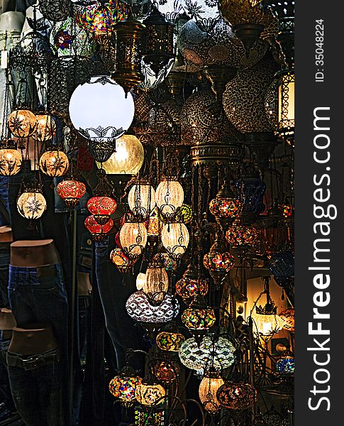 Traditional turkish lanterns in a small shop. Traditional turkish lanterns in a small shop