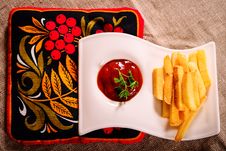 French Fries And Sauce Dish With Russian Kvass On Napkin Royalty Free Stock Photos French Fries And Sauce Dish With Russian Kvass On Napkin Royalty Free Stock Photos
