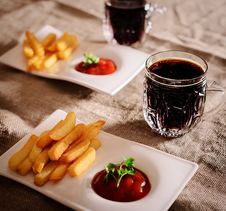 French Fries And Sauce Dish With Kvass Royalty Free Stock Image French Fries And Sauce Dish With Kvass Royalty Free Stock Image