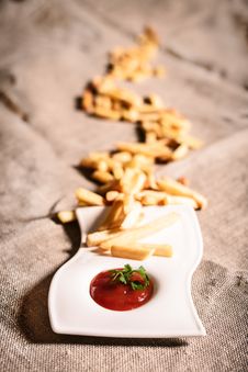 Fried French Fries With Red Sauce Ketchup With Linen Background Stock Photo