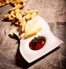 Fried French Fries With Red Sauce Ketchup With Linen Background Stock Images Fried French Fries With Red Sauce Ketchup With Linen Background Stock Images