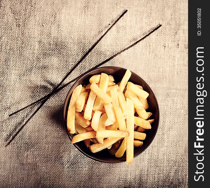 Fried French Fries With Red Sauce Ketchup With Linen Background