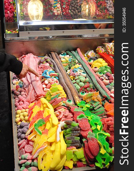 Sweets at La Boqueria market in Barcelona, Spain. Sweets at La Boqueria market in Barcelona, Spain