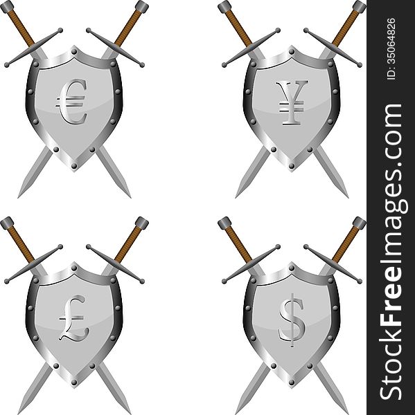 Set of pictures of two swords and swield with currencies signs, vector eps10 illustration. Set of pictures of two swords and swield with currencies signs, vector eps10 illustration