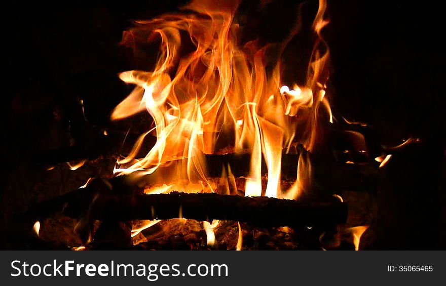 Bright orange flames dancing on the black night background. Bright orange flames dancing on the black night background