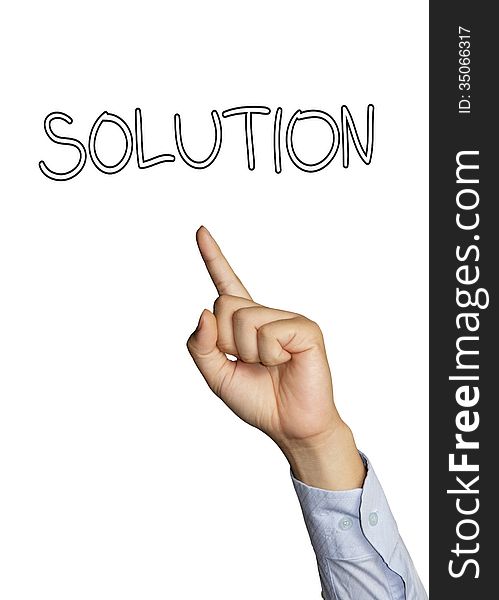 Image of a businessmen's finger pointing to solution word