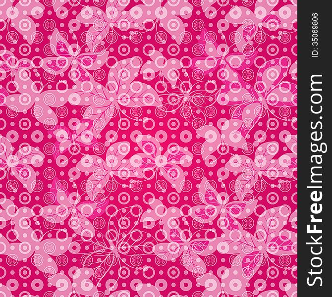 Pink and purple seamless pattern with translucent butterflies and polka dots (vector EPS 10)