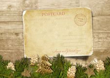 Christmas Vintage Postcard With Fir-tree With Cones Over Wood Royalty Free Stock Photo Christmas Vintage Postcard With Fir-tree With Cones Over Wood Royalty Free Stock Photo