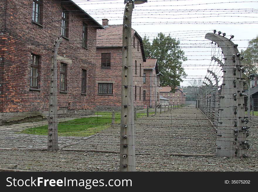 Barbed wire on poles in auschwitz birkenau