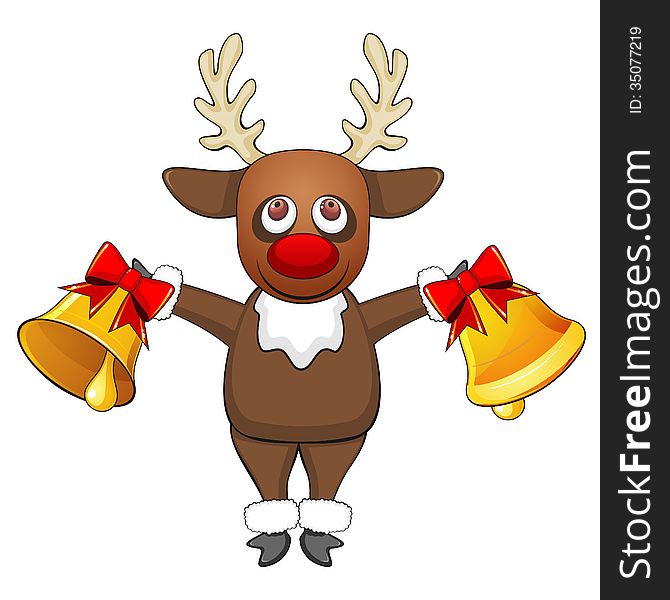 Cartoon reindeer standing with two Christmas bells with bows. Cartoon reindeer standing with two Christmas bells with bows