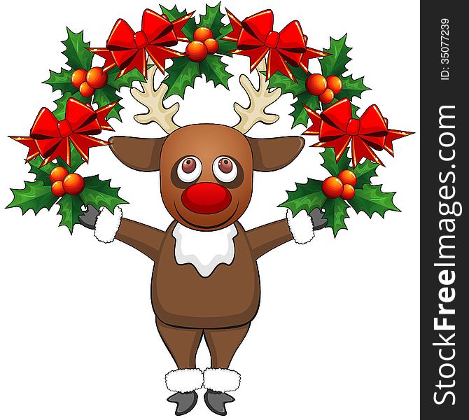 Cartoon reindeer standing with Christmas garland with bows. Cartoon reindeer standing with Christmas garland with bows
